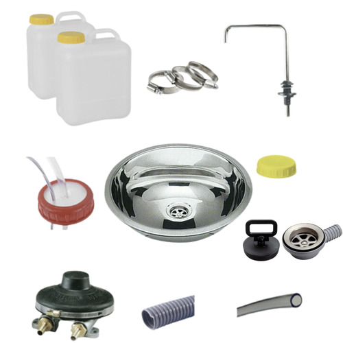 Pack évier INOX complet avec pompe à pied, robinet, tuyaux, double jerrican et accessoires – Installation eau mobile pour camping-car, caravane et fourgon aménagé Pack évier INOX complet avec pompe à pied, robinet, tuyaux, double jerrican et accessoires – Installation eau mobile pour camping-car, caravane et fourgon aménagé