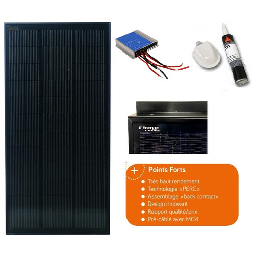 Kit Solaire complet pré-câblé (5m), panneau PERC 150W, rég. MPPT, passe-toit, colle, cornières alu noires - ENERGIE MOBILE