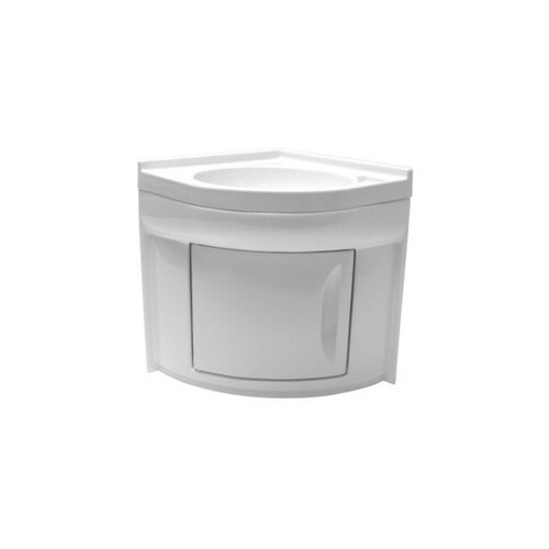 MEUBLE D''ANGLE + LAVABO D''ANGLE ENCASTRABLE BLANC EN PST 41,8 x 41,8 x H51 cm - attention produit neuf avec défaut d’aspect suite à un sinistre transport - produit neuf jamais utilisé