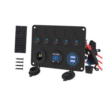 Panneau de commande multifonctions à 5 interrupteurs – USB, 12 V et voltmètre LED