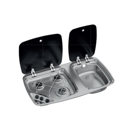 Combiné réchaud - évier - 3 FEUX - 780 x 150 x 450 mm - AVEC ALLUMAGE - NOIR - DOMETIC