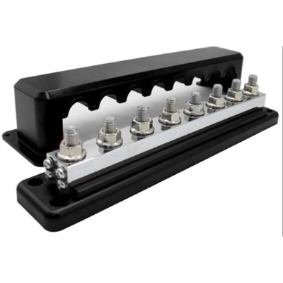 Busbar de Distribution Négatif  | 8 x M10 | 600A avec Capot de Protection (48V DC Max)
