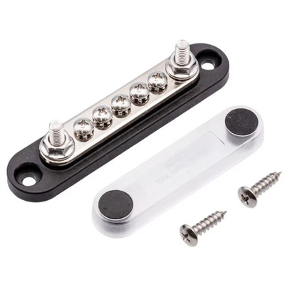 Bus Bar Négatif 150A 48VDC/300VAC avec 2 Bornes M6 et 5 Bornes Cruciformes