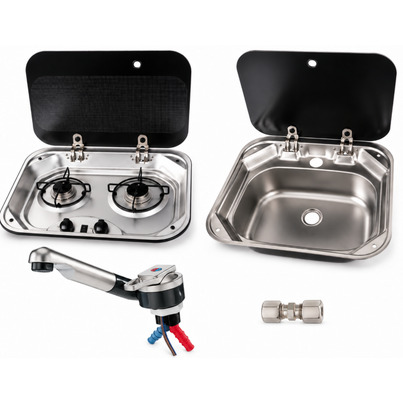 Pack Cuisine Combiné Carbest & Reich — Réchaud Gaz 2 Feux + Évier Inox Couvercles Verre Noir + Mitigeur Rabattable & Raccord Gaz 8 mm