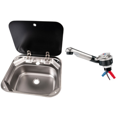 Pack Évier Inox & Mitigeur Rabattable — Évier  Couvercle Verre Noir 415 x 365 mm + Robinet à Contacteur 12V - CARBEST / REICH