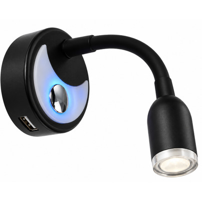 Liseuse LED flexible silicone noir 12V 1,5W fixation invisible avec veilleuse bleue & USB-C (3000K)