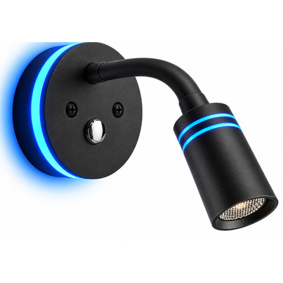 Liseuse LED COB 6000K flexible silicone noir 12V 2W base Ø80mm fixation invisible avec halo bleu 0,2W & USB-C